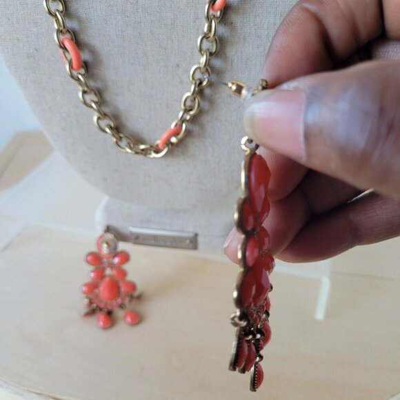 Coral Jeweled Chandelier Earrings & Matching Chain Necklace Set - Picture 5 of 13